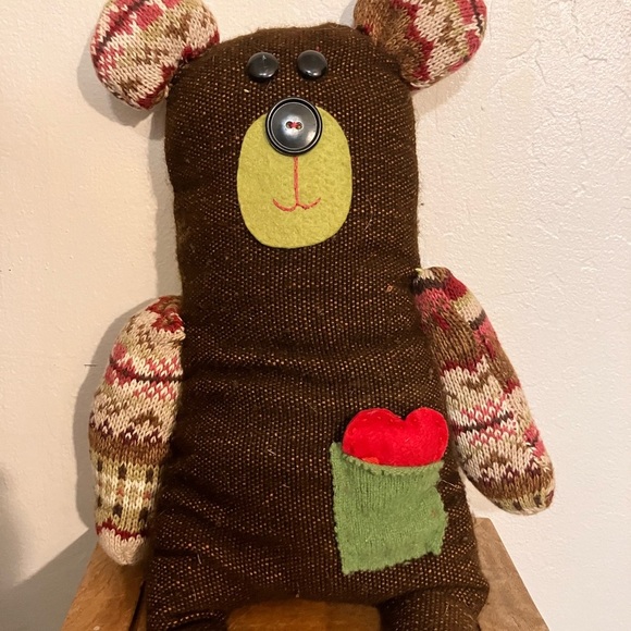 Handmade up cycled sweater bear pillow friend with heart in the pocket - Picture 1 of 8